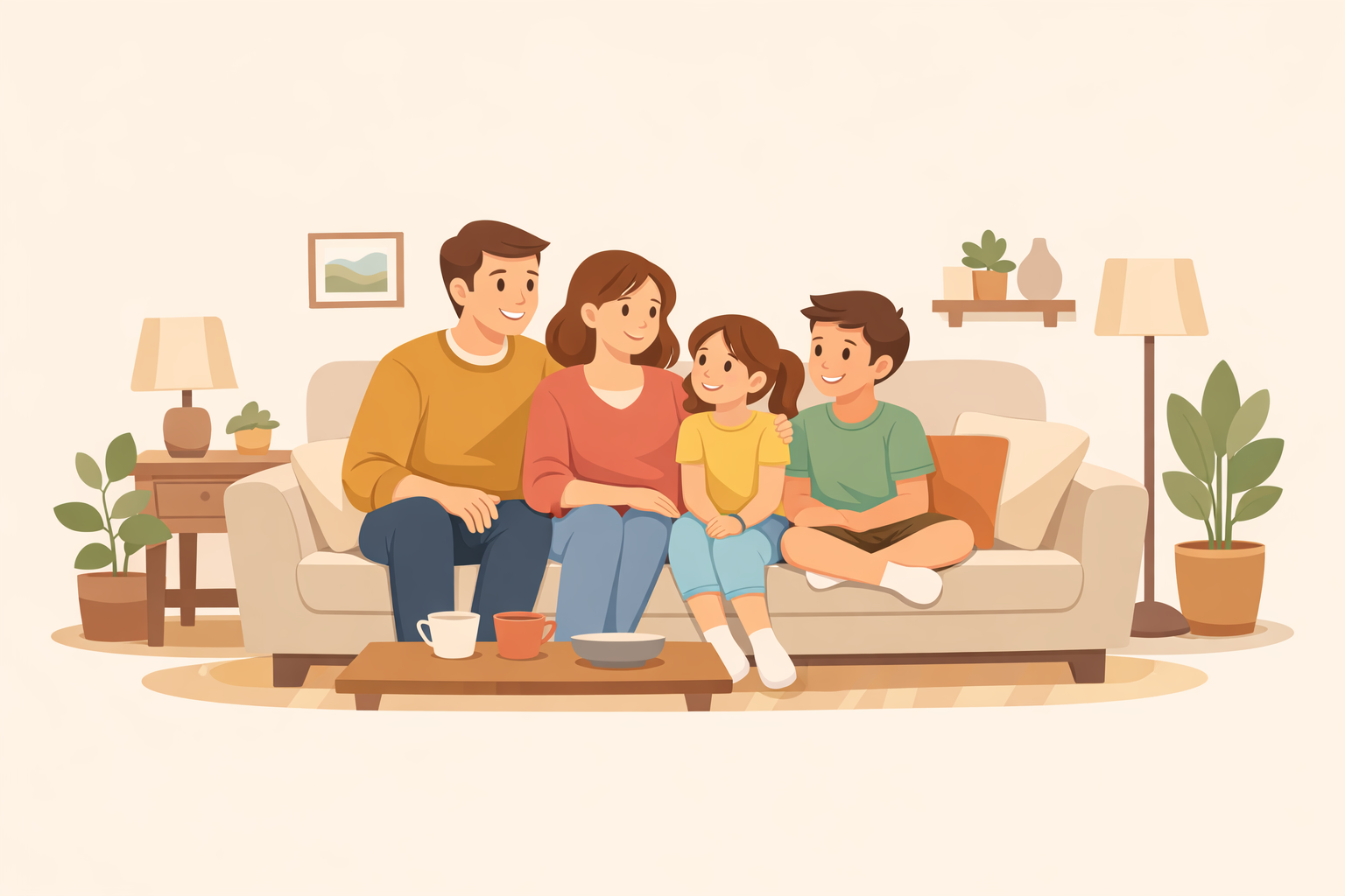 Illustration of a family sitting together at home